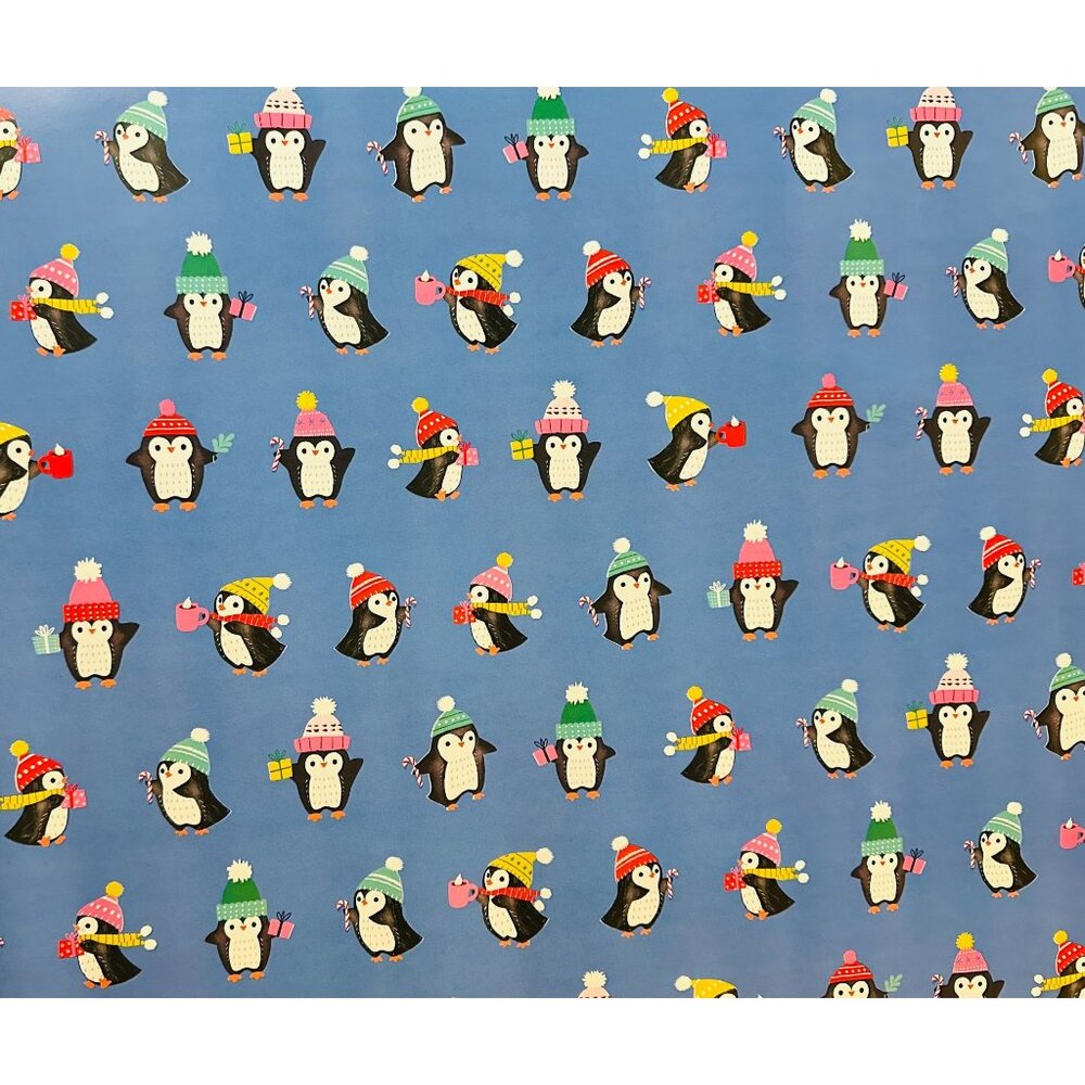 Hallmark Wrapping Paper Christmas Playful Penguins Blue 90 sq ft Roll Holiday